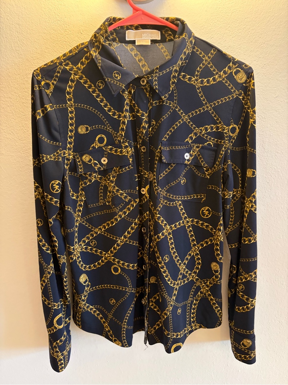 Michael Kors Navy Button-Up Shirt with Gold Chain Print